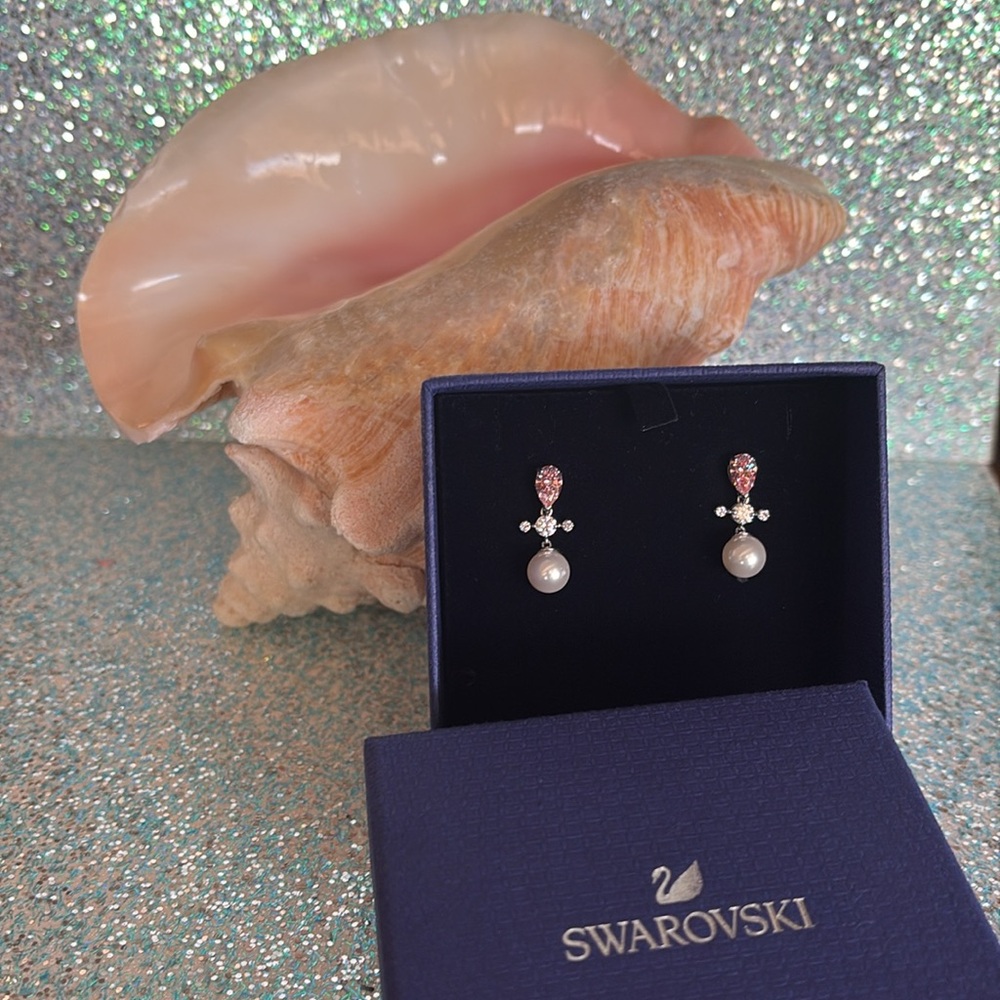 Authentic Swarovski Perfection Pierced Clear & Pink Crystal, Pearl Drop Earrings